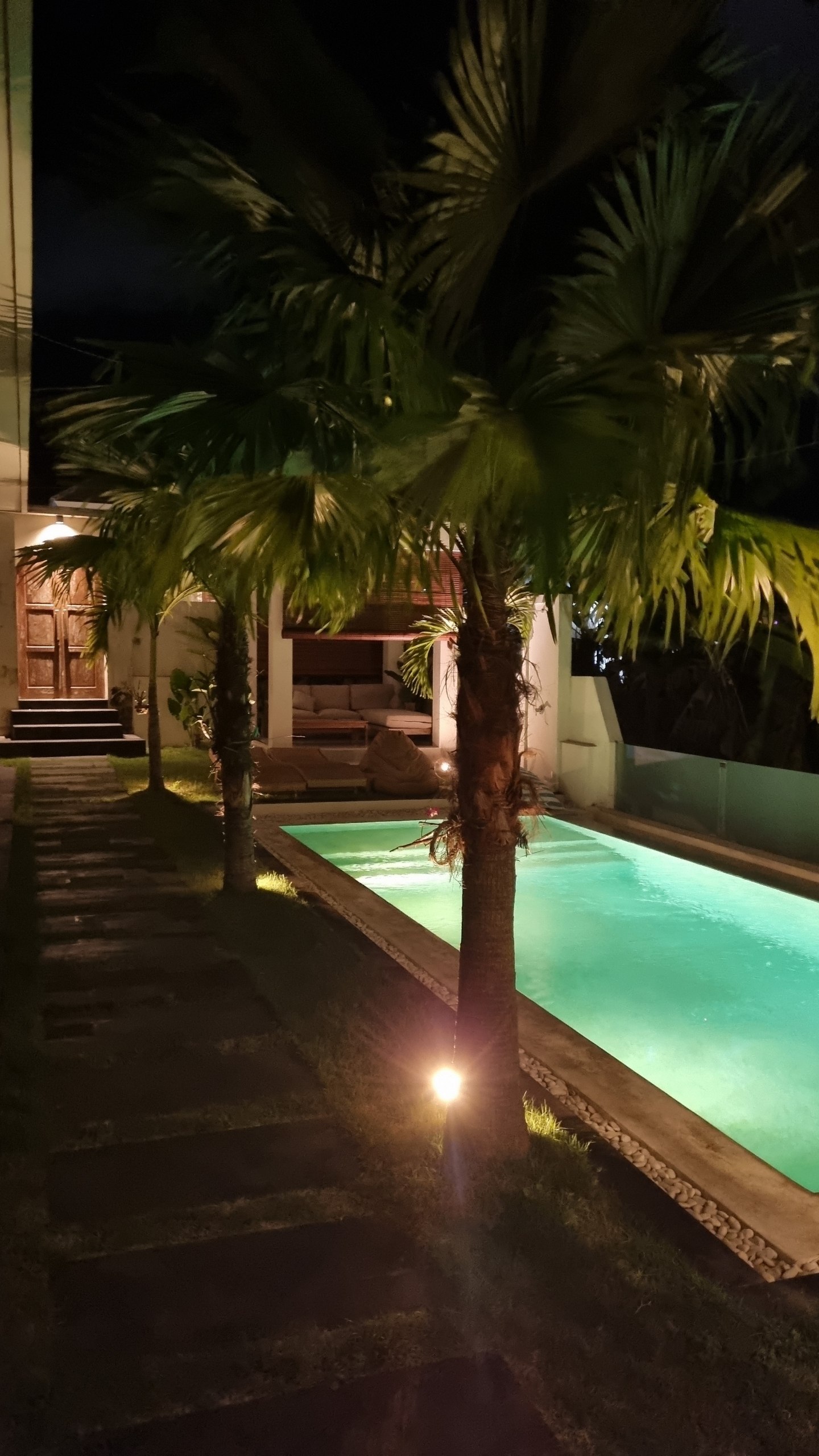 Lit pool and palm trees at night with the pavilion in the background